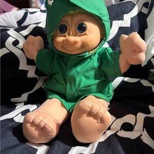 90s Vintage Large Russ Troll Doll - Green Hair, Blue Eyes, Froggie 2412